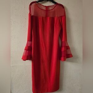 BECCA Red Long Sleeve Dress with Sheer Accents